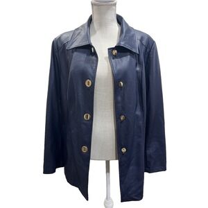 Dennis Basso Blue Faux Leather Jacket Womens Sz Large Lined Gold Toggle Buttons